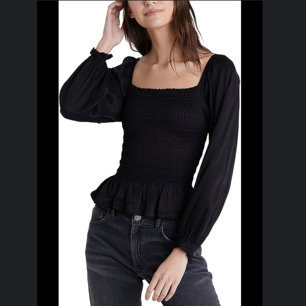Bella Dahl Black Smocked Satin Top L